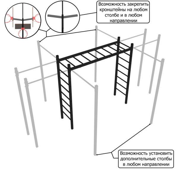 картинка Уличная шведская стенка Sv Sport рукоход с комплектом турник прямой У5224.2К (Турник/Гнездо 115см/Щит баскет/Канат/кольца/лестница/Сетка) от магазина Лазалка