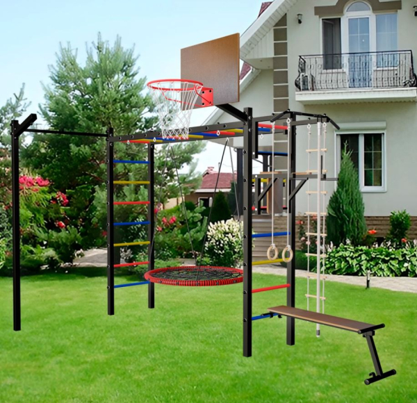 картинка Уличная шведская стенка Sv Sport рукоход с комплектом турник прямой У5263.2К (Турник/Брусья/Скамья/Гнездо 115см/Щит баскет/Кронш бокс/Канат/кольца/лестница) от магазина Лазалка