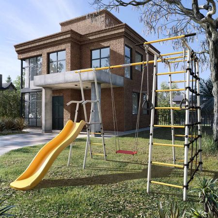 картинка Детский спортивный комплекс для дачи ROMANA Богатырь (желтый/серый) от магазина Лазалка