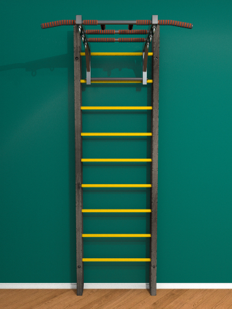 Брашированная шведская стенка "Кастерли" Черный с турником (Желтые ступени)